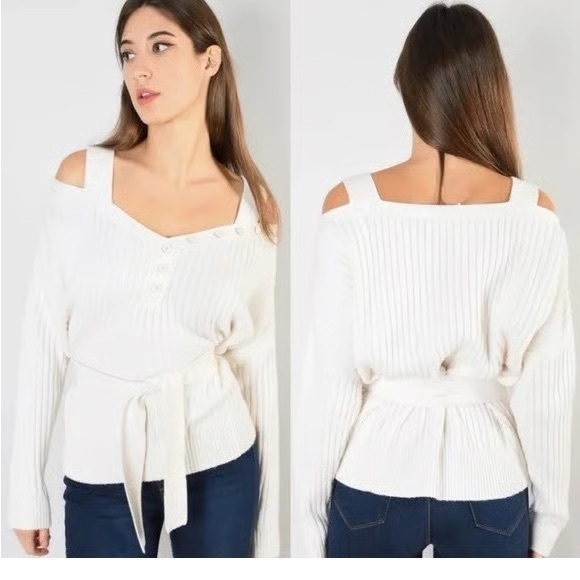 Derek Lam Cream Ribbed cold shoulder sweater